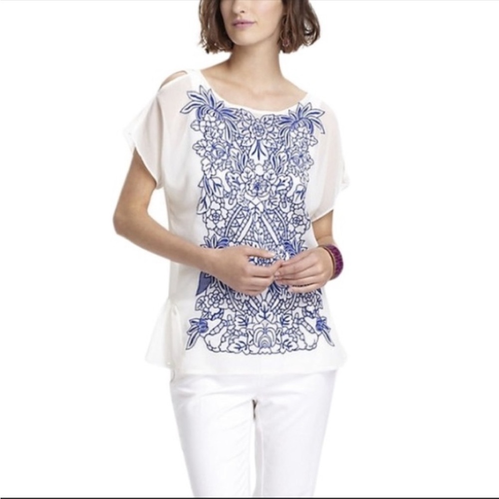 Anthropologie Baraschi Blue Embroidered Floral Sheer Blouse (S)